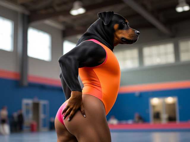 Anthropomorphic Rottweiler wearing a vibrant, colorful gymnastics leotard, highlighting strong and muscular hips, set in a lively gymnasium with bright lighting and energetic atmosphere