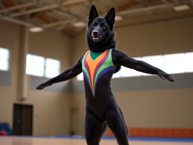 Anthropomorphic black German shepherd wearing a colorful gymnastics leotard in a gymnasium, performing a graceful routine, dynamic lighting, detailed fur texture