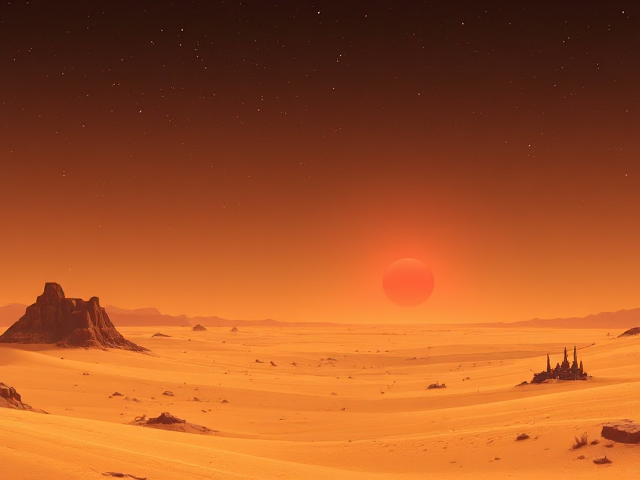 a desert planet. two red suns low on the distant horizon.