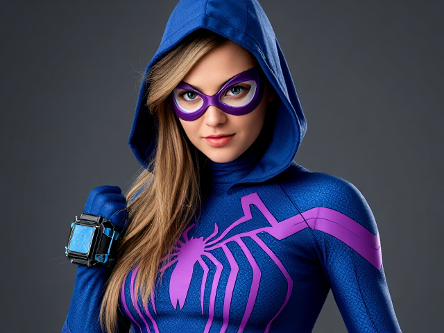 Créé une image d'un Spider-man avec un costume de femme bleu et violet avec un bracelet technologique et une capuche un masque