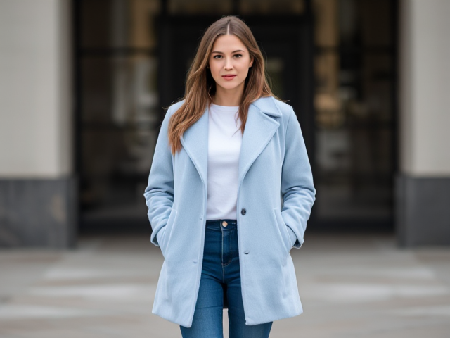 Brunette wearing a light blue coat and blue jeans