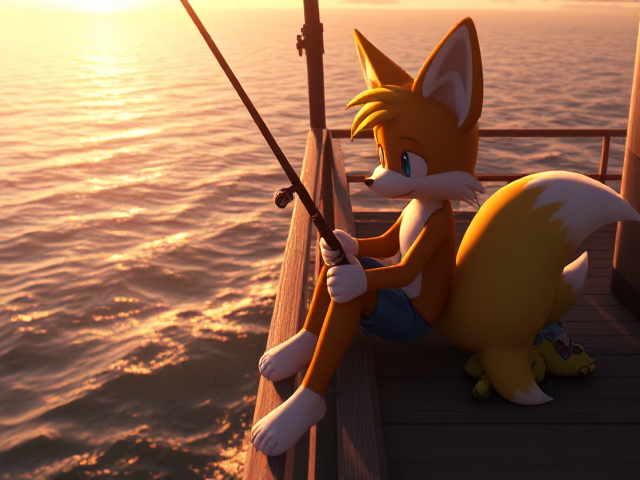 Tails the Two tailed fox, sitting on a deck while fishing with his legs hanging off the edge with a pet vaporeon pokemon sitting next to him, video game characters