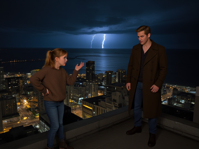 A petite 13-year-old girl with strawberry blonde hair, wearing a pullover and jeans, is standing on the roof ledge of a night club. Next to her on the roof, standing nearby is a modern-day, pale skinned vampire in his late twenties, with blonde hair, dressed in a brown trench coat and jeans. He appears uneasy as he looks at her. The girl gestures angrily at him, flailing her arms. A thunderstorm approaches the cityscape from the sea shore. Set at night.