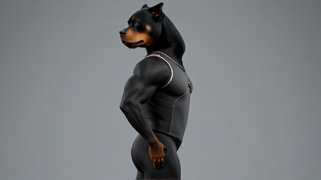 Muscular anthropomorphic Rottweiler wearing a detailed gymnastics leotard, standing confidently in a dynamic pose, realistic fur texture, well-defined muscles, vibrant colors