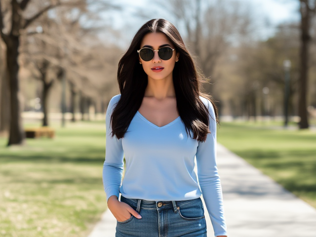 Model brunette with dark hair wearing a light blue long sleeve top and jeans on a walk in the park on a sunny day( sunglasses)