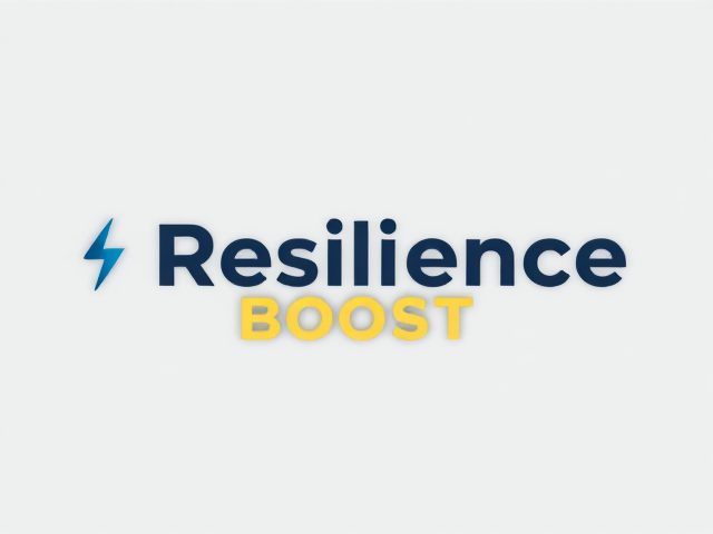Design a logo with the words "Resilience Boost" in bold, modern, and powerful font.

The word "Resilience" should be in a dark color like navy blue or gray to represent strength and stability.
The word "Boost" should be in a bright color like yellow, orange, or red to represent energy and action. It should also be slightly italicized or tilted upward to show movement or progress.
Add a simple icon or symbol, such as:

A lightning bolt (for power),
A mountain (for resilience), or
An upward arrow (for growth).
The icon should be placed either to the left of the text or integrated into the design, and the background should be black or white to make the text stand out.