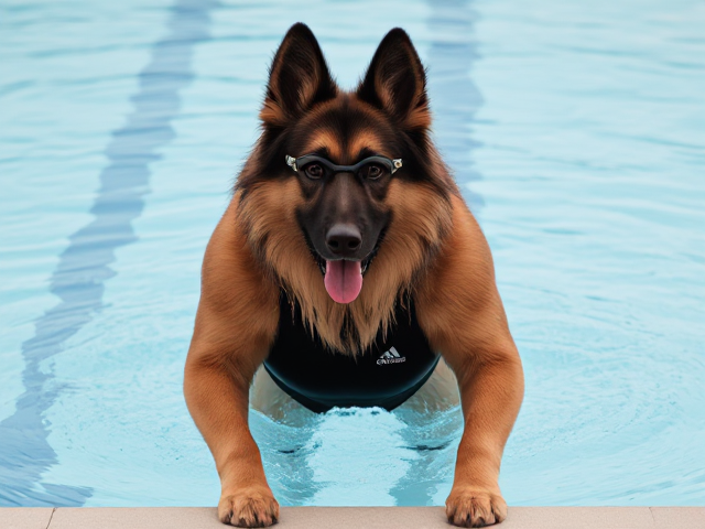 A tall anthropomorphic long haired German shepherd wearing an adidas swimsuit and swimming goggles stretching before a swim