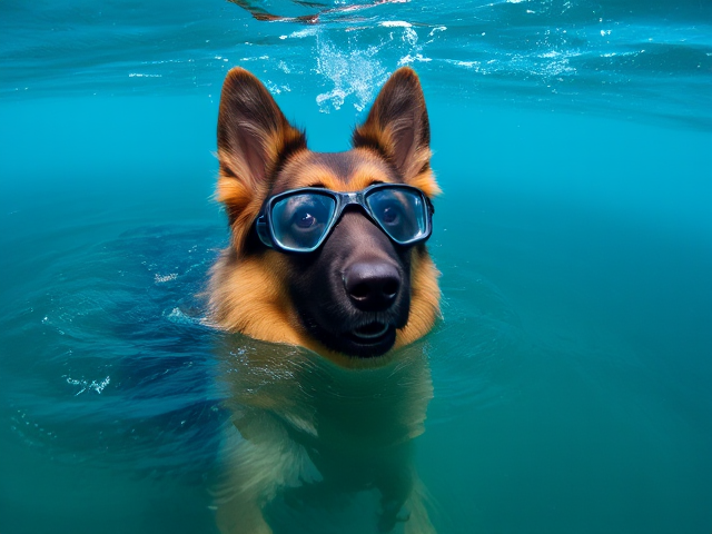 A long haired German shepherd wearing Freediving goggles rises from the ocean’s surface to take a breath