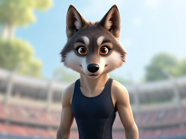 A wolf Olympic swimmer with a long torso, short legs, long arms and broad shoulders, wearing a speedo one piece swimsuit