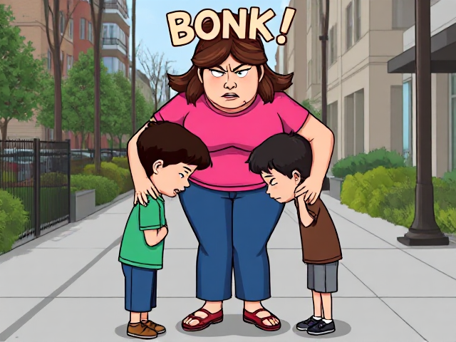A full body, cartoon image of a tall angry  mom,  she is holding her  two son’s  and is banging their foreheads together. They are all standing on a sidewalk. The boy’s foreheads are touching together, mom’s hands are on the back of their necks. The boys are crying. The word: BONK! Written above