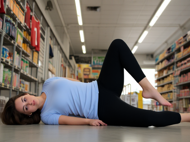 Brunette wearing a light blue t shirt and black yoga pants found face flat on the store roof