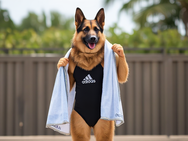 A tall anthropomorphic german shepherd wearing an adidas swimsuit drying off with a towel