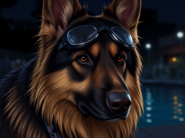 A long haired German shepherd wearing swimming goggles