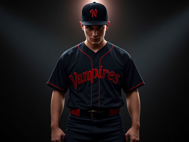 black new era hat with a red v logo A black baseball jersey with vampires written across the front in red with black baseball pants and a red belt and red socks and black cleats