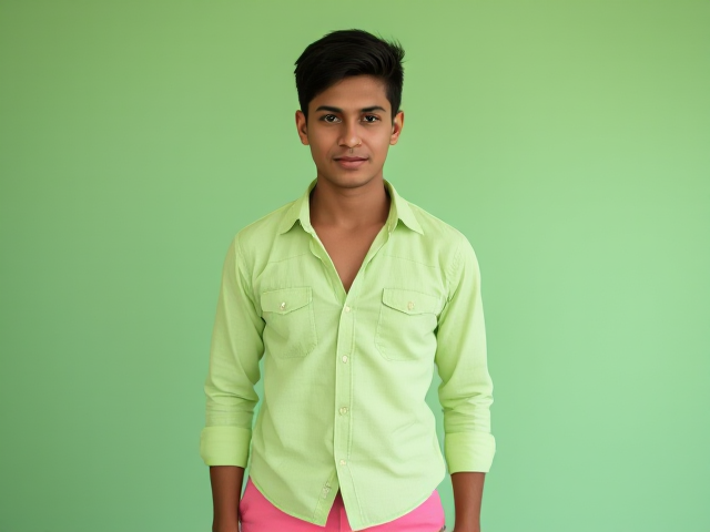 20 year old indian, light green shirt, pink tight shorts. Short hair