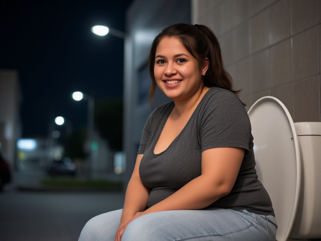 A fat woman 27 years old dark brown hair ponytail brown eyes sitting on the toilet smiling
