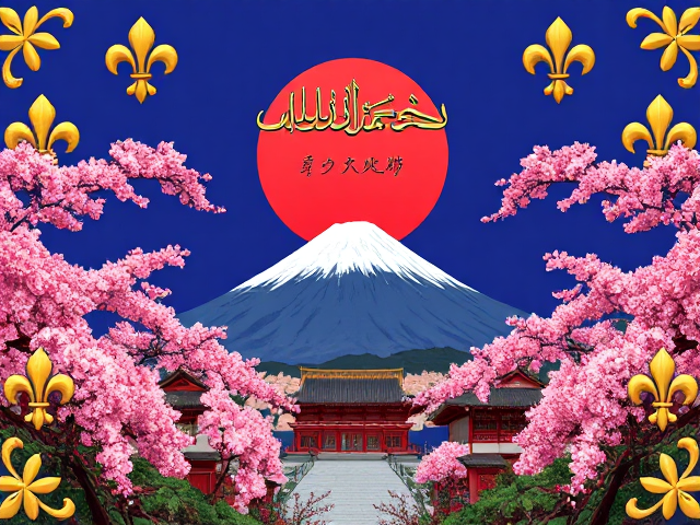 Image de fond d'écran pour téléphone, style manga détaillé, pour un musulman français royaliste passionné par la culture japonaise. Inclure des fleurs de lys dorées ornant les quatre coins de l'écran, sur un fond bleu riche inspiré du drapeau français sous Louis XIV. Au centre, le mont Fuji majestueux entouré de cerisiers en fleurs et d'éléments architecturaux japonais traditionnels, le tout en 2D et l'attestation de foi musulmane en calligraphie arabe élégante doit traverser l'image verticalement