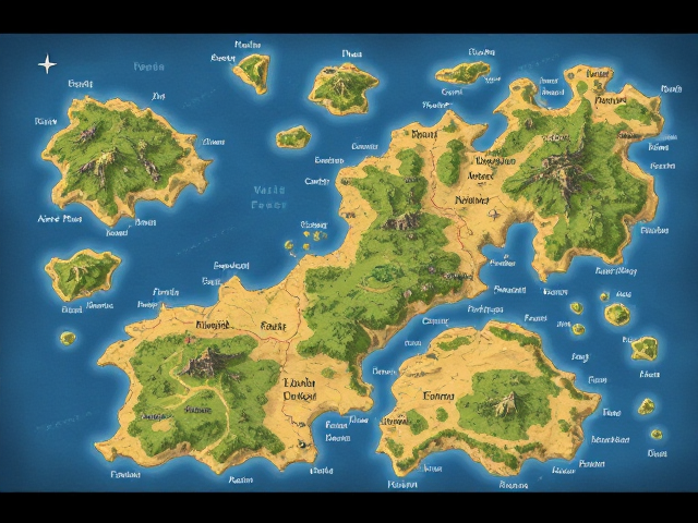 A flat fantasy map of a lot of big and small islands with  fantasy writing names and kingdoms, anime