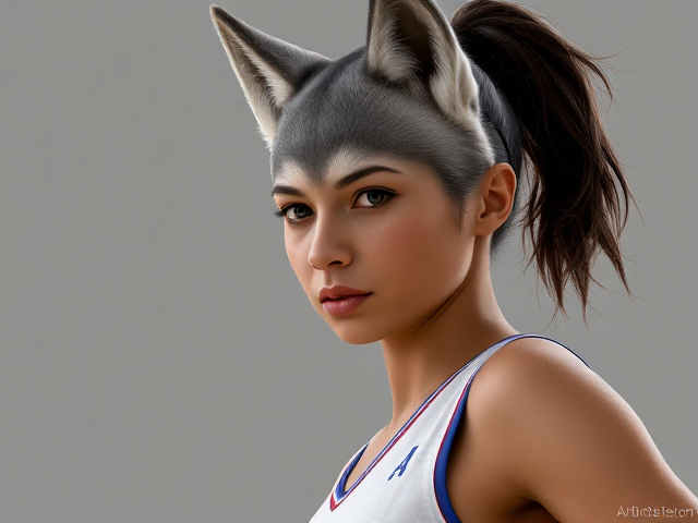 A tall and lean anthropomorphic female gray wolf basketball player