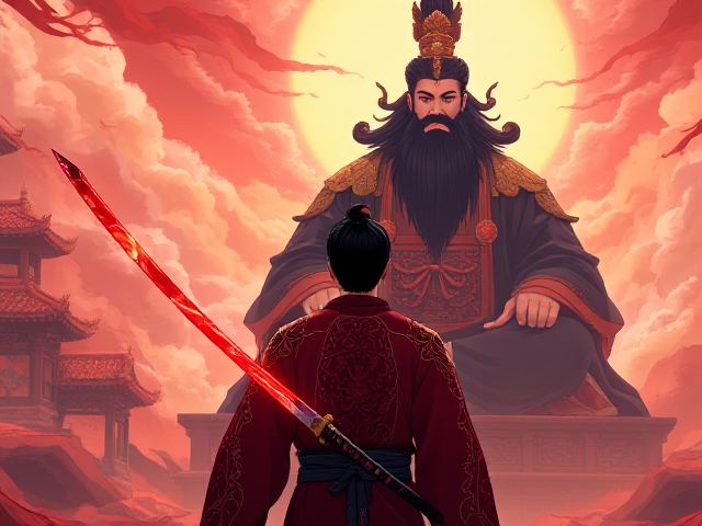 A man with short black hair holds a magical glowing red and black Chinese-style straight short katana in his right hand. He wears intricately designed traditional Chinese mythology clothing. He stands facing away, gazing at the towering figure of Shangdi, the supreme god with long black hair and a thick long black beard, who sits cross-legged before him. The scene is illustrated in a vibrant anime style.