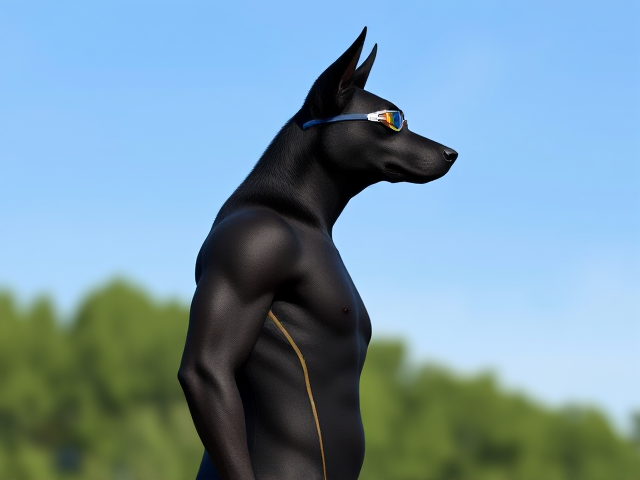 A tall and lean anthropomorphic black German shepherd with a long torso and broad shoulders wearing a high cut Nike one piece swimsuit and swimming goggles