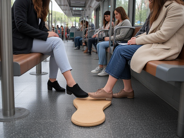 ladies sitting on bus stand trying to place their foot on a beige colored footprint shaped cushion on the floor
