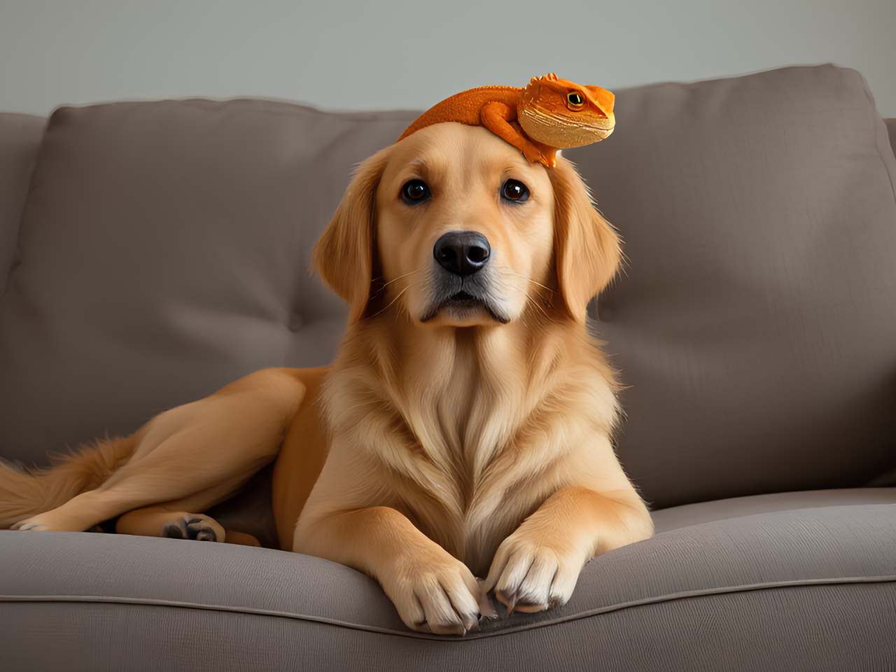 Make a golden retriever on a couch with a orange bearded dragon it’s head