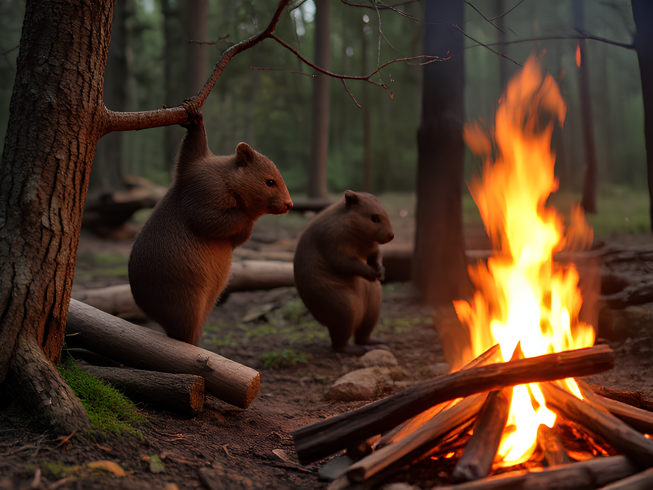 Wombats climbing, canoeing, camping, fire
