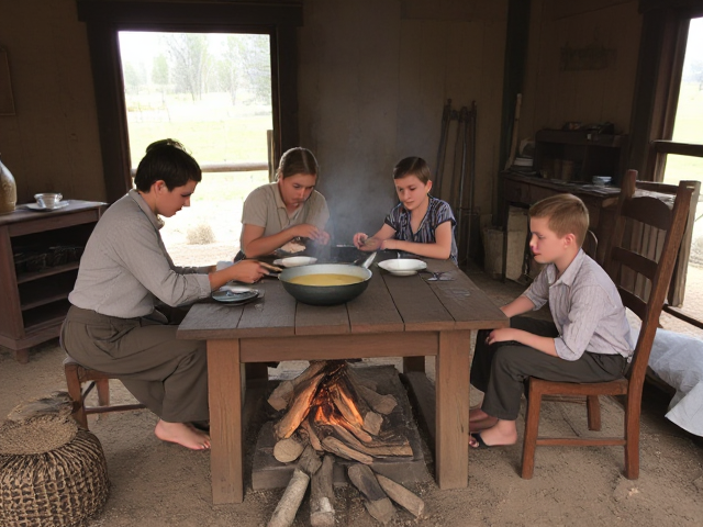 a poor family in the 1800s in rural Australia gathered around a rustic wooden table, cooking soup over an open fire, with two young sons eagerly watching, surrounded by simple furnishings and natural landscape