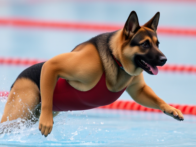 A anthropomorphic German shepherd Olympic swimmer with a long torso wearing a one piece swimsuit