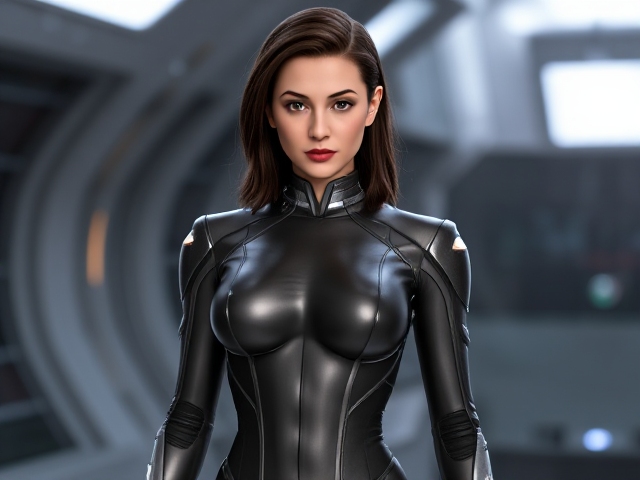 Star Trek character Andrea reimagined as a futuristic fembot, sleek design, metallic features, glowing accents, in a sci-fi setting, full head hair, head, torso,legs