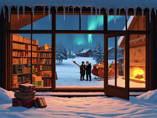 This idea features a cozy perspective looking into the workshop through large windows.

Workshop Details:
The windows of Santa’s workshop take center stage, glowing with warmth against the snowy backdrop. Inside, shelves of toys, ribbons, and wrapping paper are visible. Elves are seen moving around in the background, with a glowing fireplace adding depth and warmth. The open door of the workshop reveals a conveyor belt carrying gifts to a sleigh in the distance.

Outside the Workshop:
Snow covers the ground outside the window. A stack of presents and a few scattered tools are visible in the foreground, adding details of activity. Icicles hang from the roofline of the workshop, and the northern lights glimmer faintly in the sky.

Space for Characters:
The scene leaves a large empty area right outside the workshop windows and door, perfect for Santa and the family to stand in.