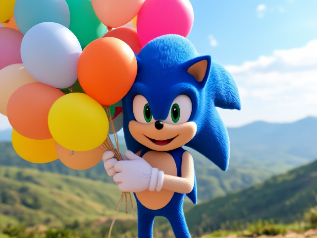 Sonic the Hedgehog joyfully holding a vibrant, large bunch of multicolored balloons in an outdoor setting with clear skies and green hills in the background, highly detailed and colorful