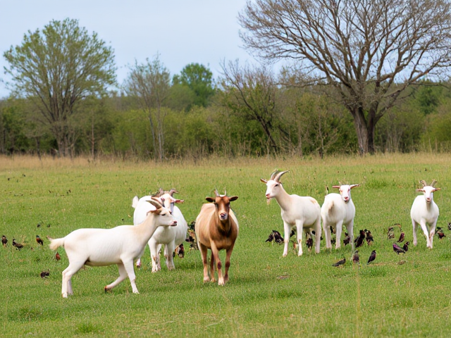 Goats playing in a field with honeyeater birds