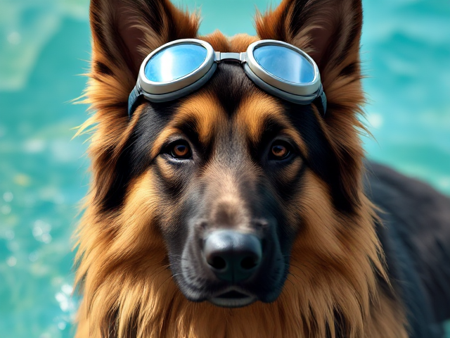 A long haired German shepherd wearing swimming goggles