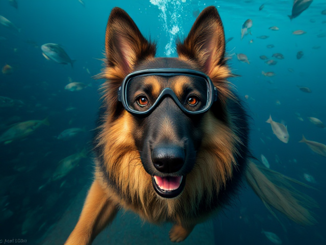 A long haired German shepherd Freediving while wearing Freediving goggles, surrounded by fish