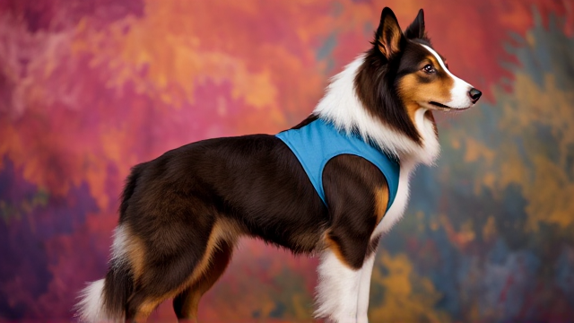 Rough collie wearing a gymnastics leotard, standing tall, detailed and vibrant background