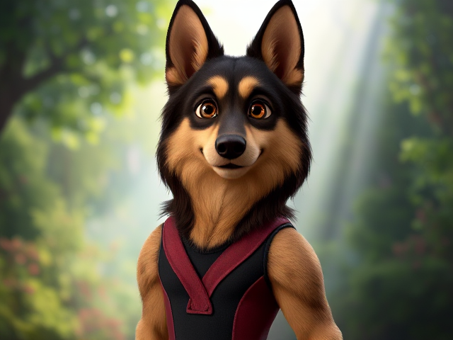 A lean and muscular anthropomorphic long-haired German shepherd wearing a gymnastics leotard