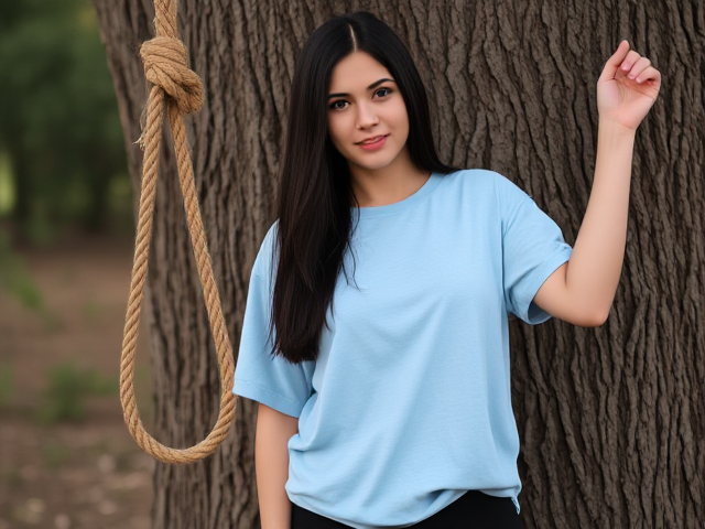Brunettes in her early 20s dark chest length hair down wearing a light blue loose t shirt and black yoga pants right next to a looped rope knot dangling from a tree around her