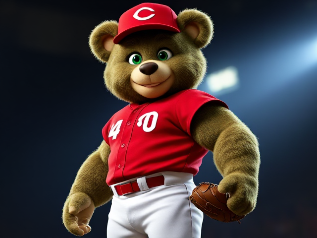 A muscular athletic teddy bear green camouflage colored fur green eyes wearing a reds uniform red hat red jersey white pants red socks red cleats wearing a brown baseball glove on his left hand smiling