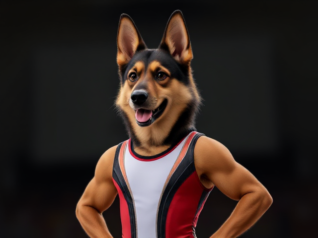A anthropomorphic German shepherd Olympic gymnast wearing a leotard