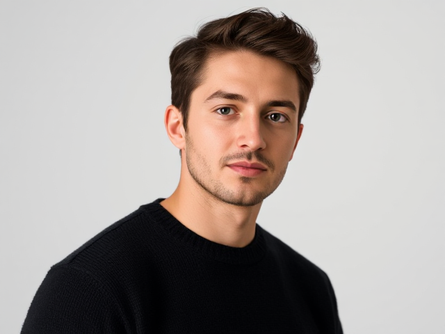 un bel homme jeune realiste avec un pull noir dans un fond blanc de studio