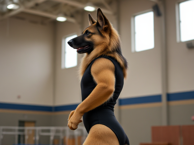 A anthropomorphic long haired German shepherd wearing a gymnastics leotard in a gymnasium