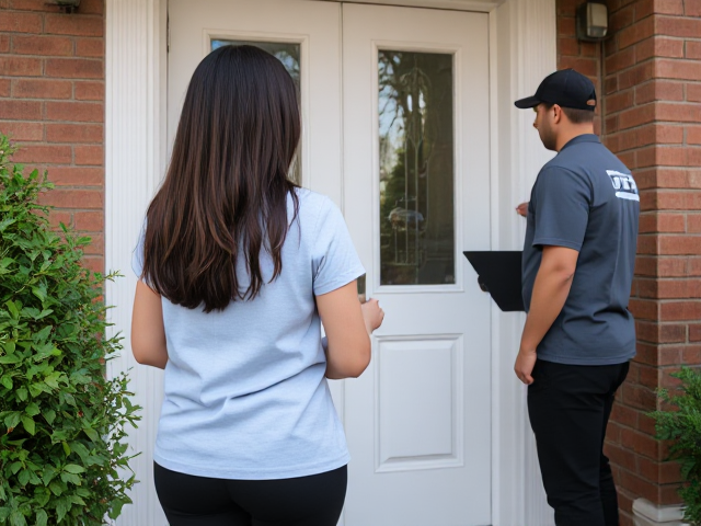 Woman with dark brown hair down wearing a light blue t shirt and black yoga pants opens her apartment to a postal man