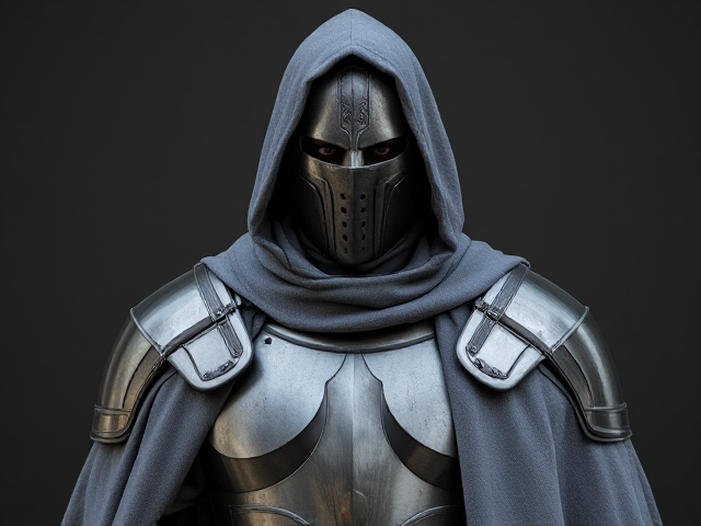 man wearing a suit of armor with a grey cloak and a mask that hides all features
