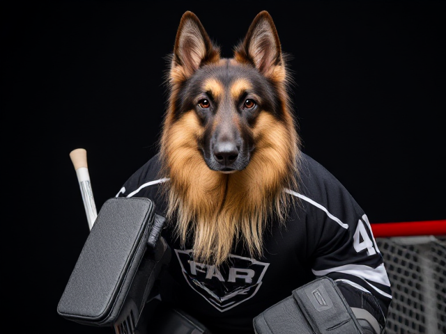 A anthropomorphic long haired German shepherd wearing hockey goalie pads glove and blocker