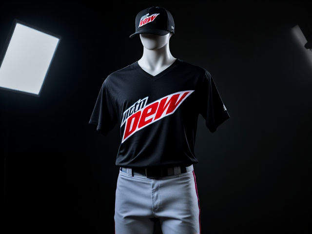 Create images of a black baseball hat with mountain dew voltage logo with a black v neck athletic shirt with  Voltage written across the front in red and blue grey baseball pants with blue and black piping with black socks and blue cleats on a mannequin