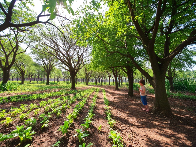 Agroforestry landscape, an intricate blend of trees and crops in harmony, sunlight filtering through the leaves casting playful shadows on the ground, a curious child observing the ecosystem, capturing diverse textures and vibrant colors, with detailed foliage and rich soil patterns; photographed from a low angle to emphasize scale and wonder, natural soft lighting enhancing the serene atmosphere