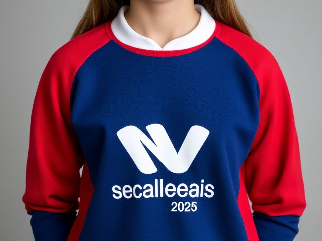 Create a picture of a teen girl wearing a school rugby jumper in the colours blue red and white. The white logo in front should read Nankervis College and on the back in white it says grade 6 class of 2025