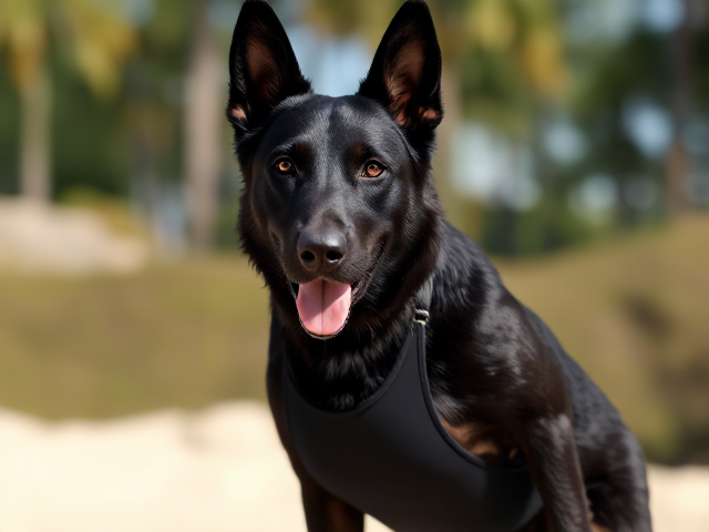 A anthropomorphic black German shepherd wearing a one piece swimsuit